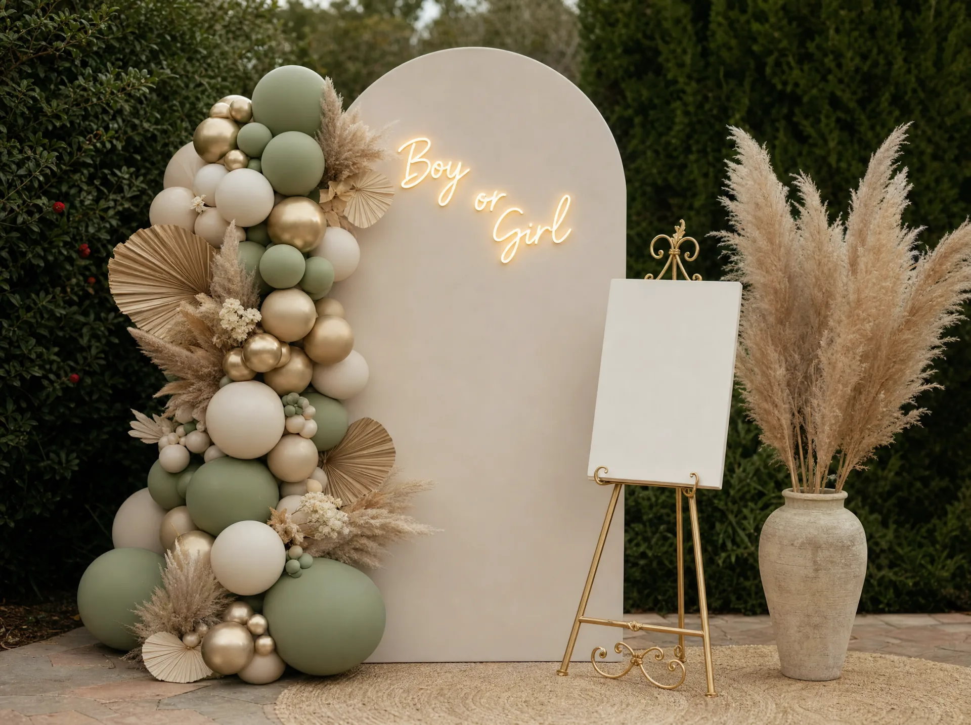 Bogen-Backdrop mit Boy-or-Girl-Neonschriftzug, Ballongirlande und Staffelei