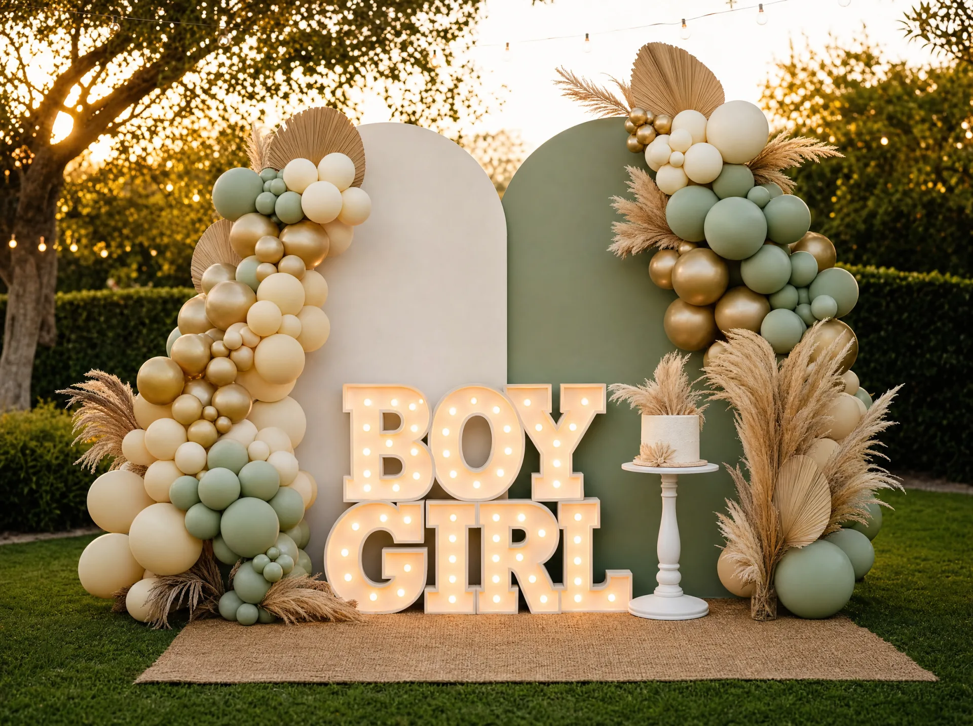 Gender-Reveal-Backdrop mit beleuchteten BOY- und GIRL-Buchstaben und Ballongirlande