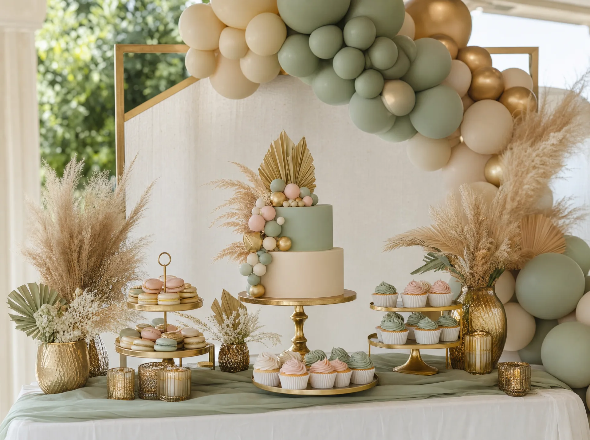 Dessert-Tisch mit Torte, Macarons und Ballongirlande in Boho-Farben