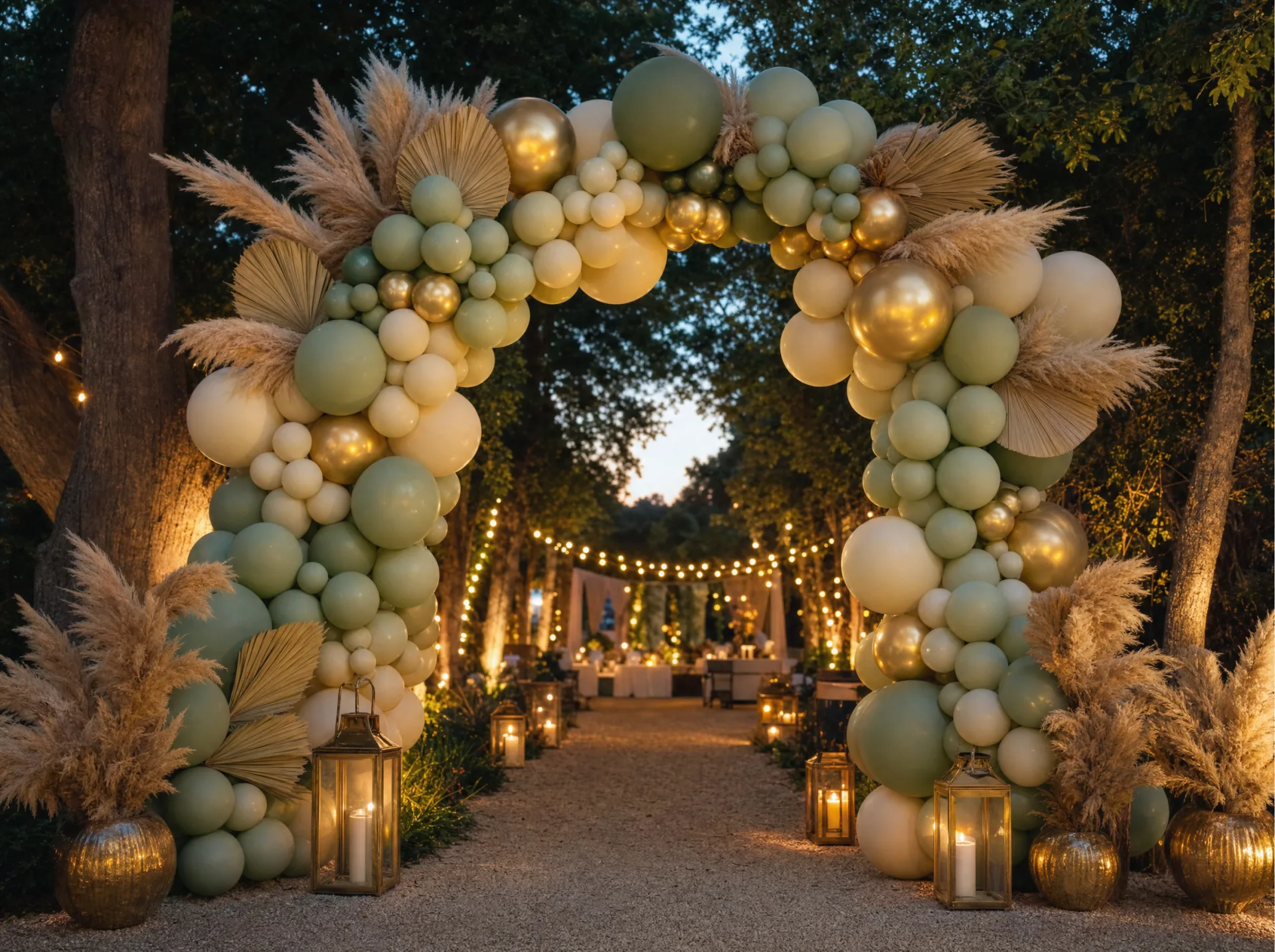 Ballonbogen als Eingang über einem Gartenweg mit Lichterketten am Abend