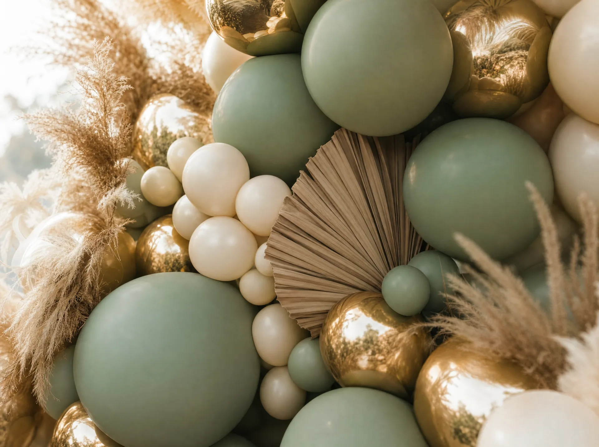 Nahaufnahme einer Ballongirlande in Salbeigrün, Creme und Gold mit Pampasgras