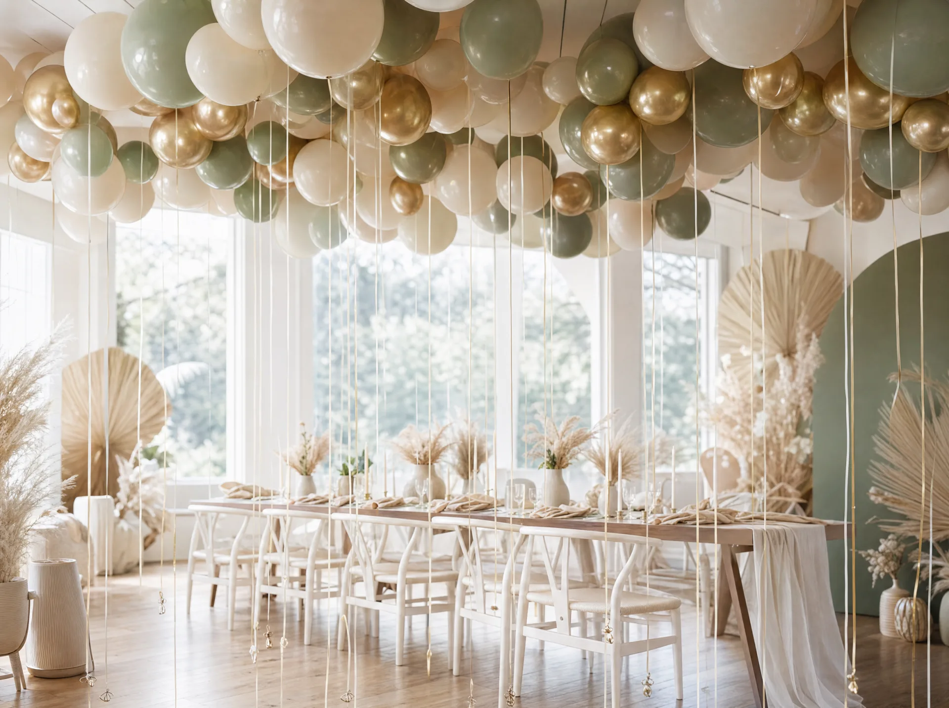 Ballon-Installation an der Decke über einer festlich gedeckten Tafel in hellem Raum