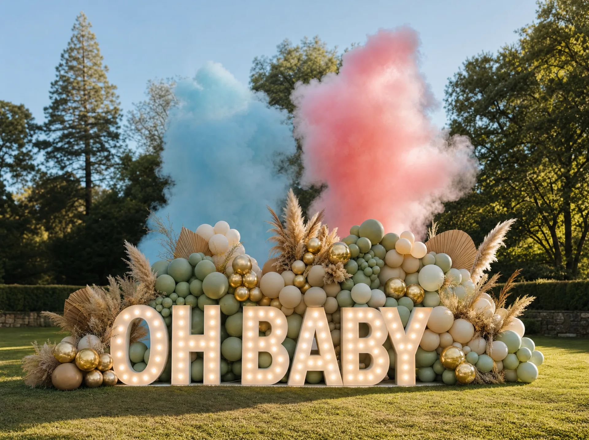 Gender-Reveal-Aufbau mit beleuchteten OH-BABY-Buchstaben, Ballongirlande und blau-rosa Puderkanonen