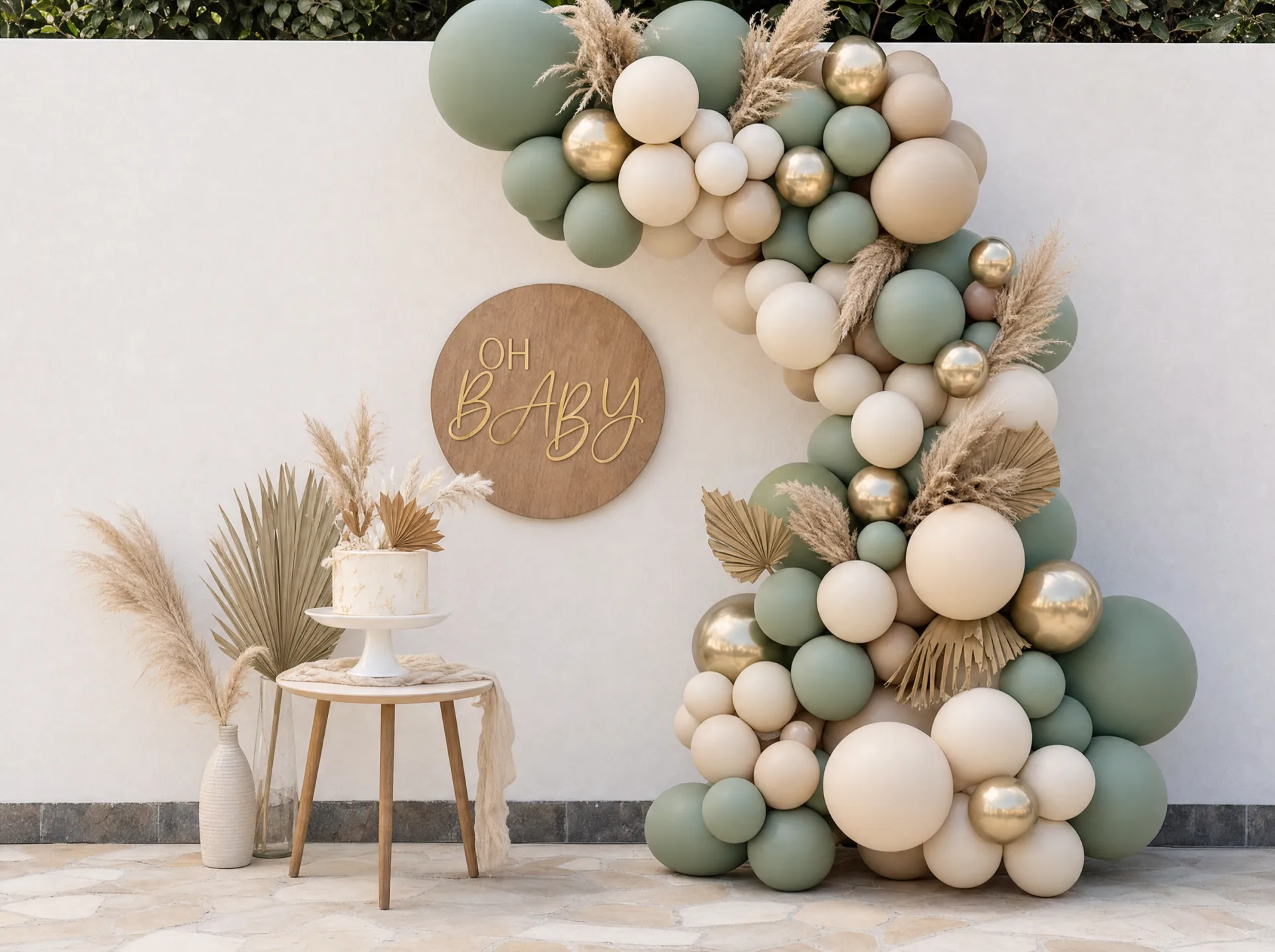 Kleine Gender-Reveal-Deko mit Ballongirlande und Oh-Baby-Schild an einer Gartenwand