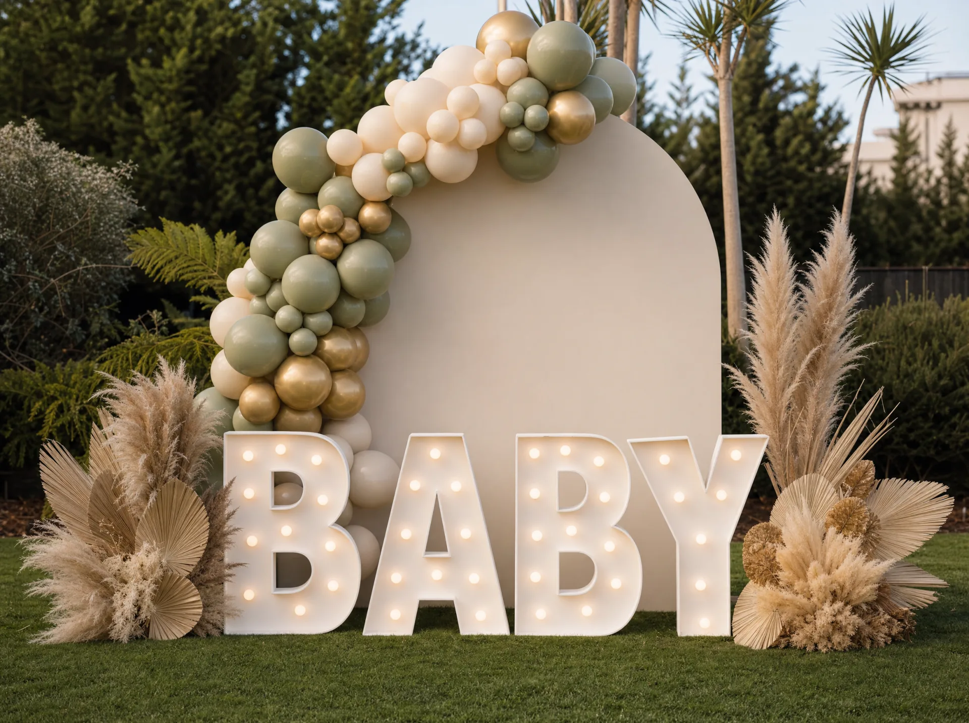 Gender-Reveal-Backdrop mit Ballongirlande und beleuchteten Buchstaben auf einer Wiese