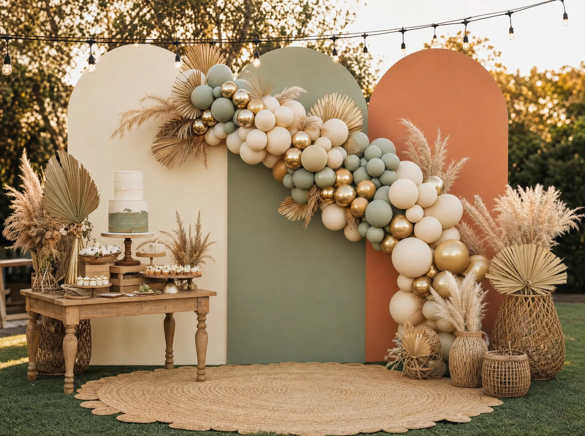 Große Gender-Reveal-Installation mit drei Backdrops, Lichterketten und Dessert-Tisch
